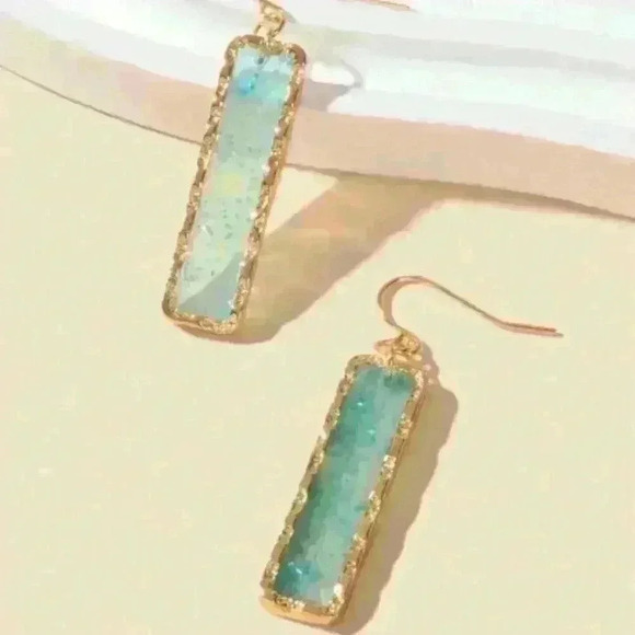 Gold-Toned Rectangular Aqua Resin Drop Earrings - Picture 3 of 4